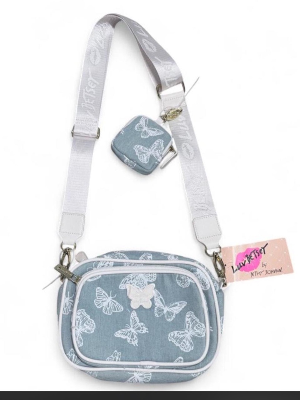 Luv Betsey Johnson Butterfly Denim Crossbody Bag Mini Pouch Blue White
